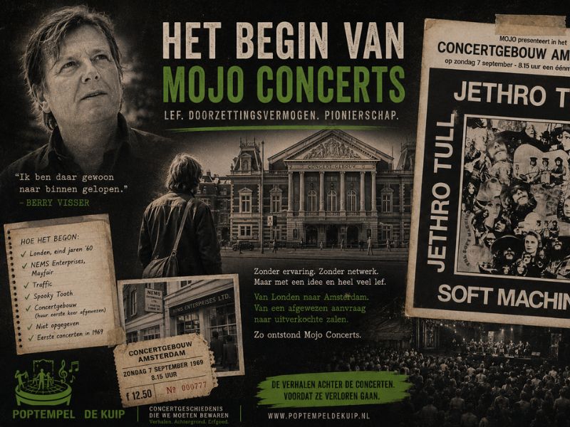 Poster over het begin van Mojo Concerts met Berry Visser, inclusief foto’s, citaten en historische concertdetails.