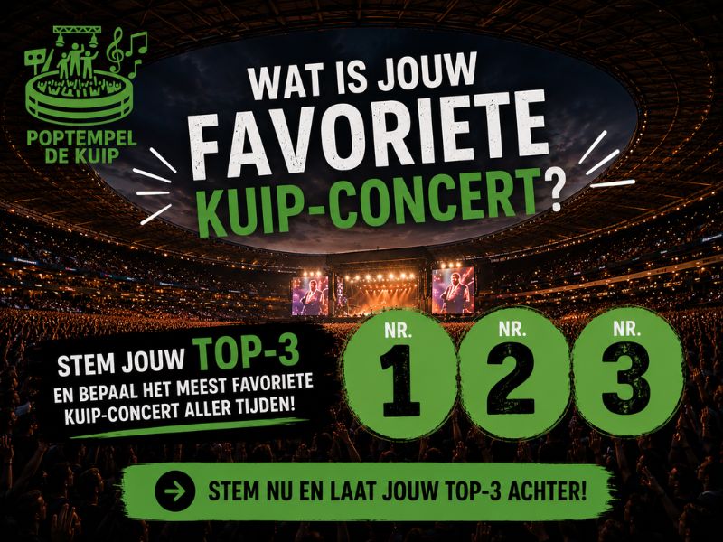 AI‑gegenereerde banner met de vraag ‘Wat is jouw favoriete Kuipconcert? Top‑3’, met De Kuip als grafisch element.