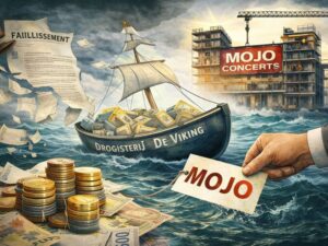 Conceptuele afbeelding over de doorstart van Mojo Concerts na het faillissement, met symbolen van ‘Drogisterij De Viking’, geld, contracten en wederopbouw.