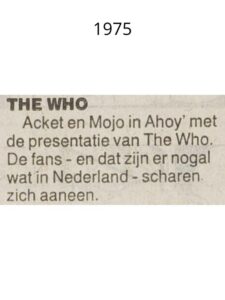Krantenadvertentie uit het Vrije Volk van 8 oktober 1975 over de presentatie van The Who door Acket en Mojo in Ahoy.