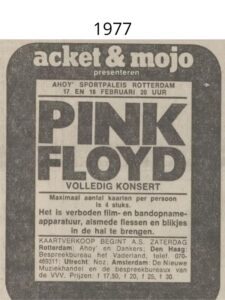 Advertentie uit het Algemeen Dagblad van 20 januari 1977 voor de Pink Floyd‑concerten in Ahoy, gepresenteerd door Acket & Mojo.