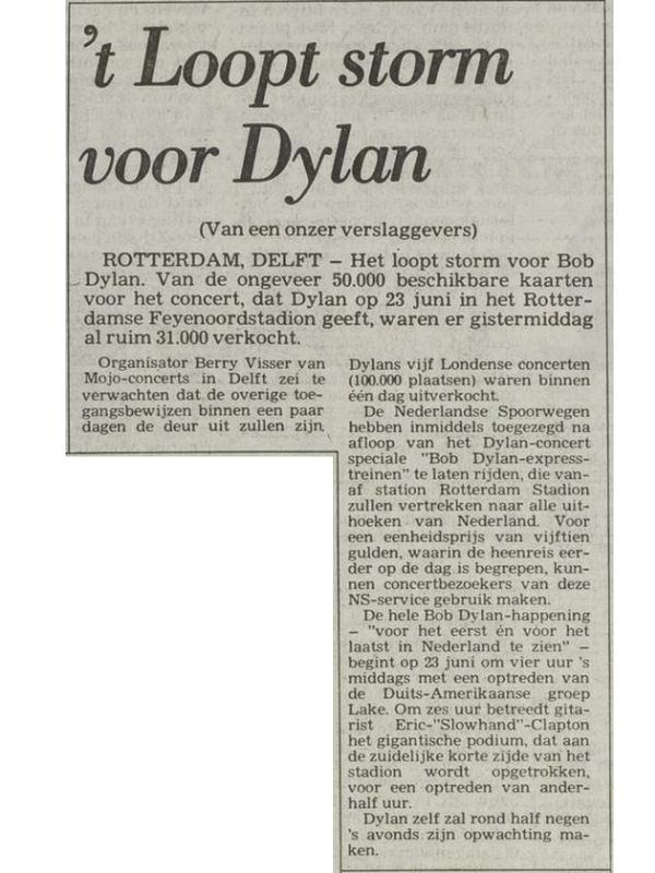 Krantenartikel uit het Vrije Volk van 11 mei 1978 met de kop ‘’t Loopt storm voor Dylan’, over de grote vraag naar kaarten voor Bob Dylans concert in De Kuip.