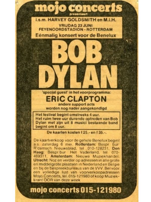 Advertentie uit de Volkskrant van 3 mei 1978 voor het concert van Bob Dylan in De Kuip, i.s.m. Harvey Goldsmith, met Eric Clapton als special guest.