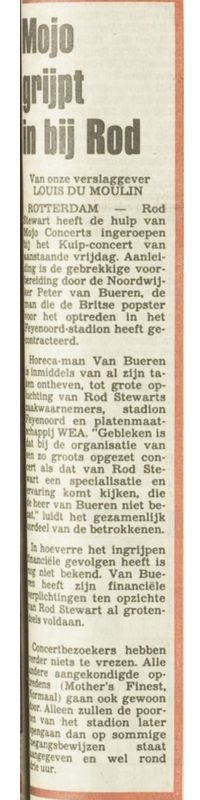 Krantenartikel uit het Vrije Volk van 7 juni 1983 met de kop ‘Mojo grijpt in bij Rod’, over organisatorische problemen rond het Rod Stewart‑concert in De Kuip.