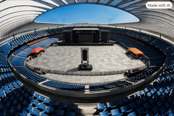 Architectonische impressie van een mogelijke verbouwde Kuip, door de gebruiker aangevuld met een AI‑gegenereerde podiumopstelling en veldbescherming.