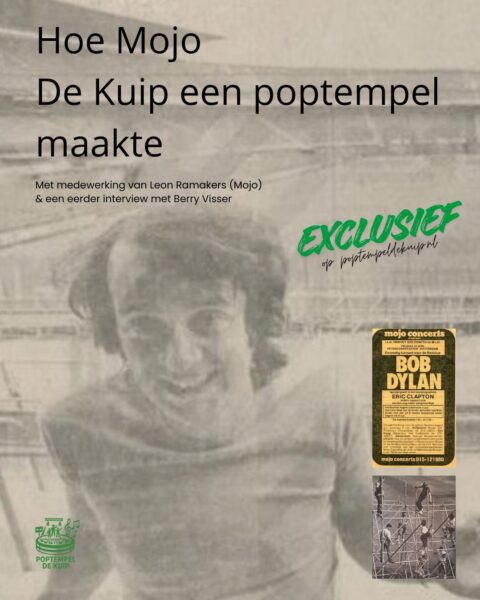 Coverstory "Hoe Mojo De Kuip een poptempel maakte" met historische foto van De Kuip, een portretfoto, een Mojo Concerts-poster van Bob Dylan en foto's van concertopbouw.